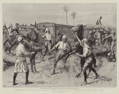 Descarga de las mulas de la 32ª Batería de Campo Real de Artillería en el campamento de Atbara de Frank Dadd